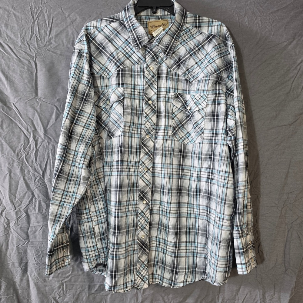 Wrangler Mens 2XL Big Western Pearl Snap Plaid Shirt Metallic Blue Black WM089BL